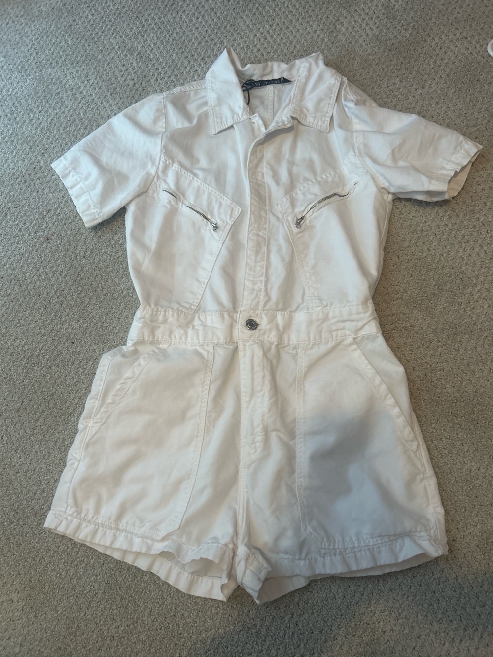 Zara White Short Sleeve Zip Pocket Romper